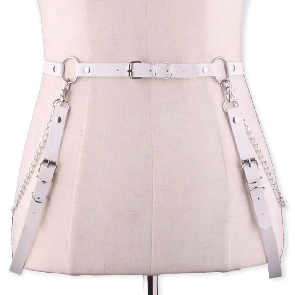 White Leather Suspender Harness Silver Hardware Statement Belt NEW